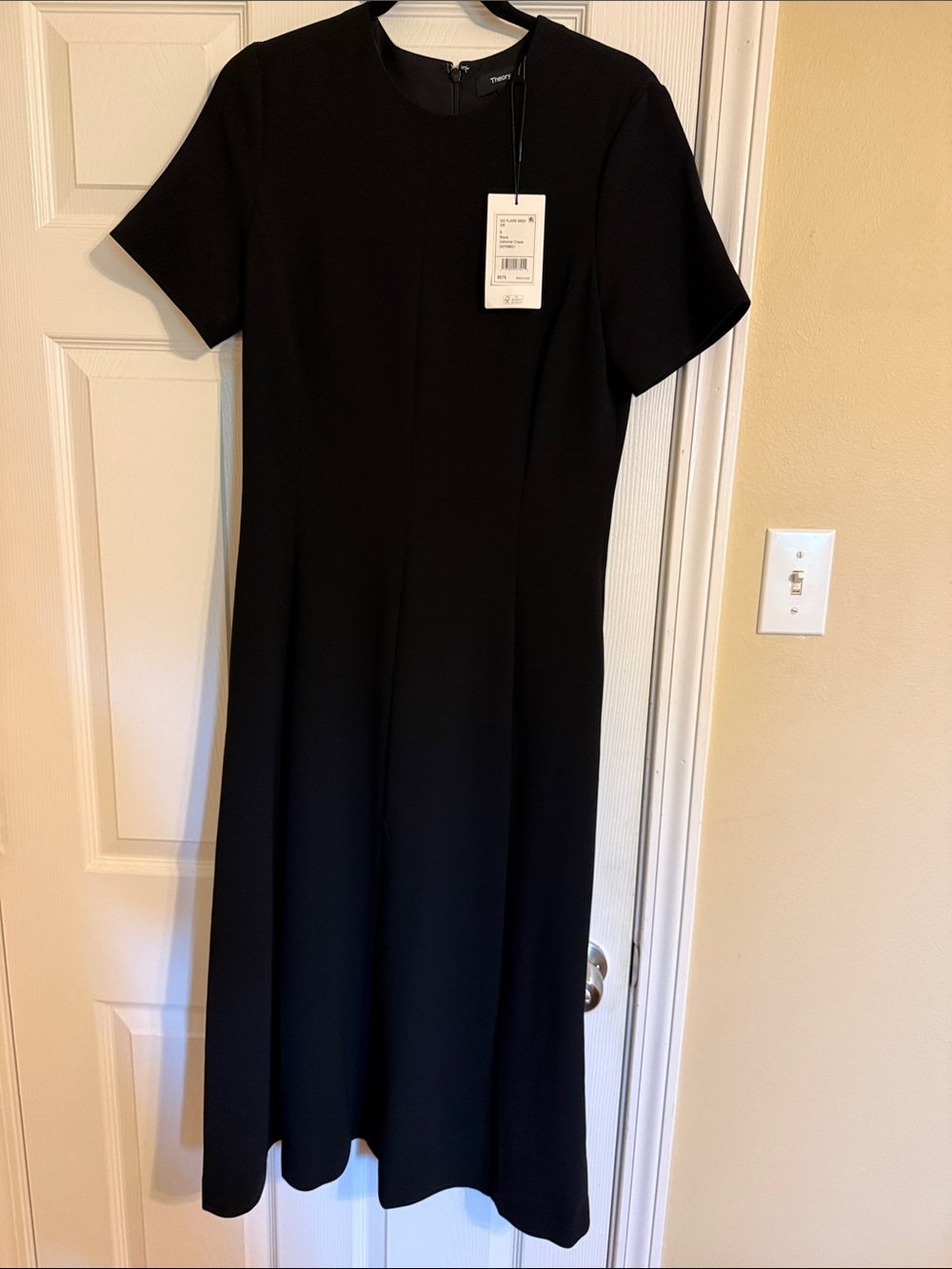 Theory Black Short-Sleeve Midi Dress with Tailored Seams